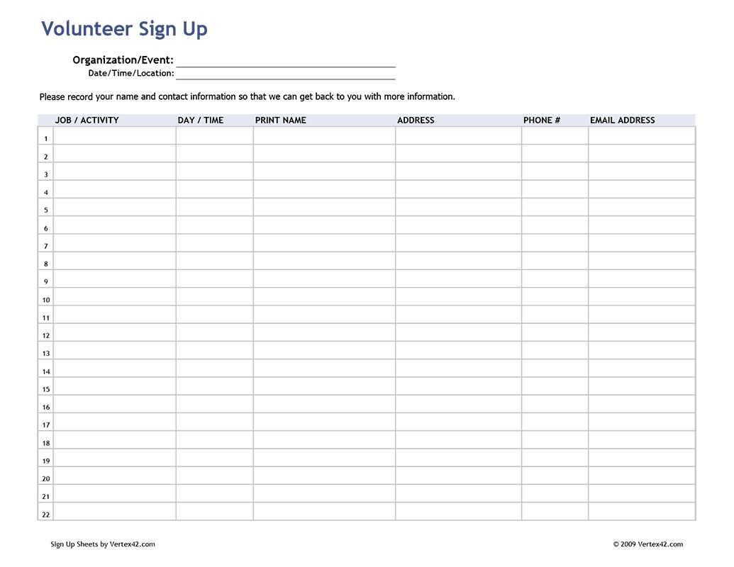 Free Printable Volunteer Sign Up Sheet (Pdf) From Vertex42 Perky Monthly Sign Up Sheets Printable