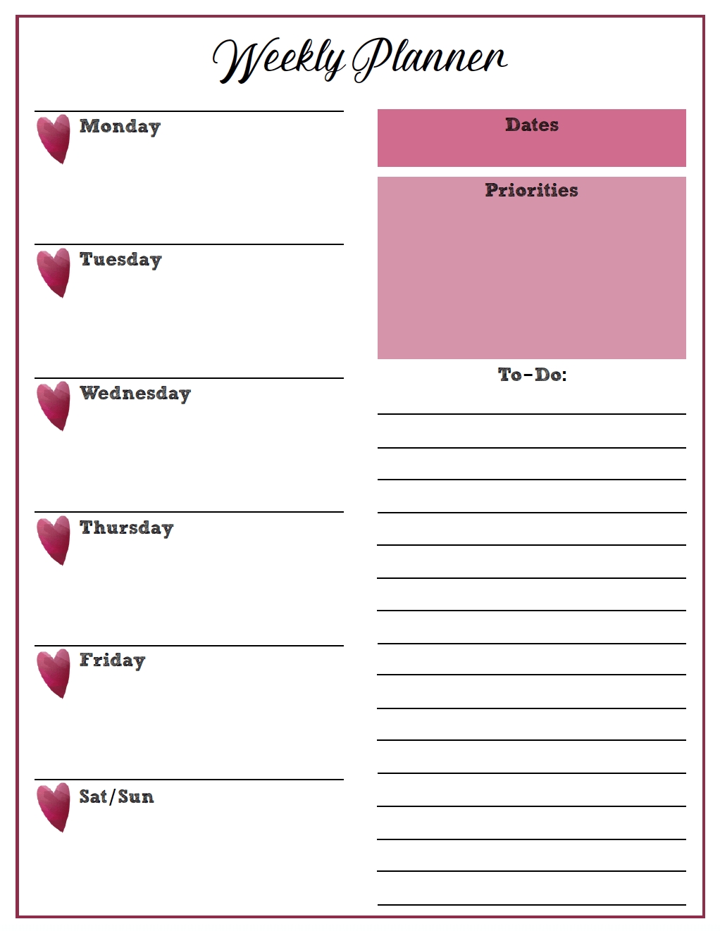 Free Printable Weekly Planners: Monday Start Printable Monday Through Friday Planner