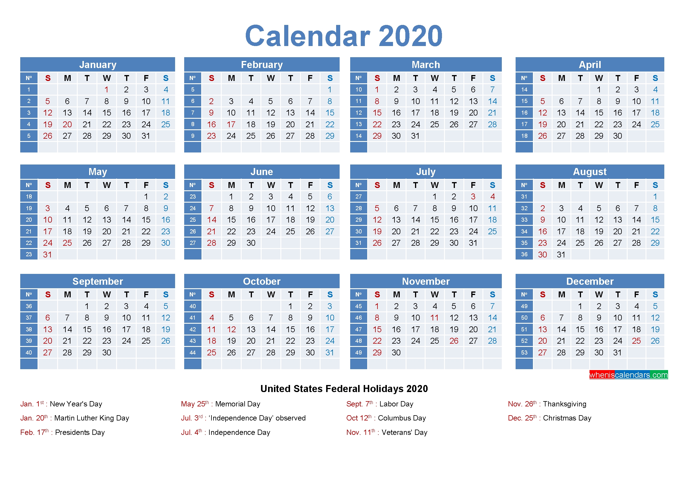 Free Printable Yearly 2020 Calendar With Holidays As Word Exceptional 2020 Calendar Template With Week Numbers