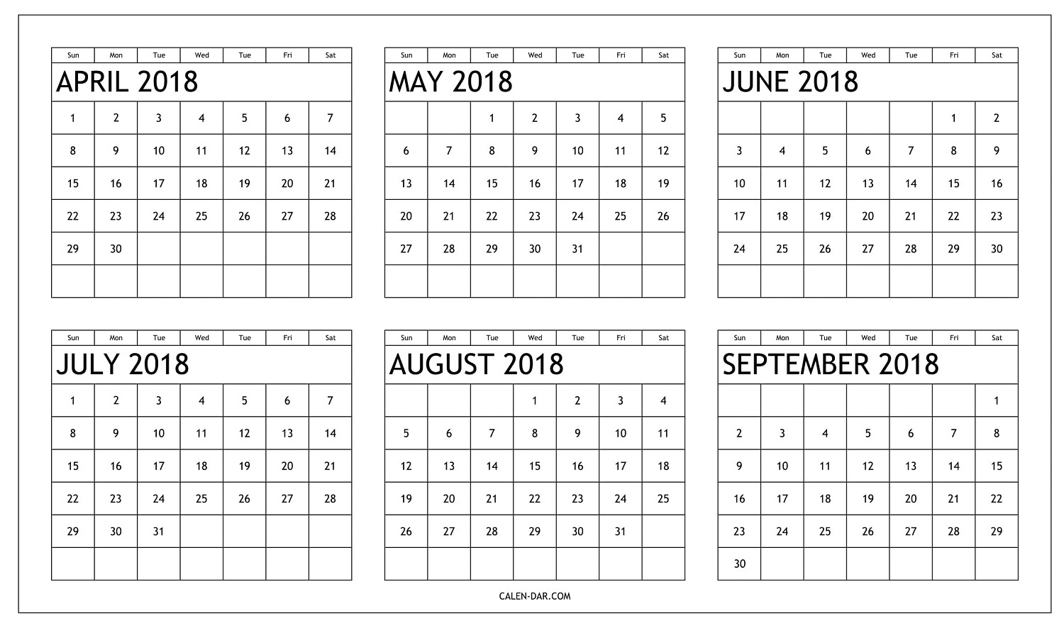 Free Six Month 2018 Calendar April To September Printable Free Six Month Calendar Template