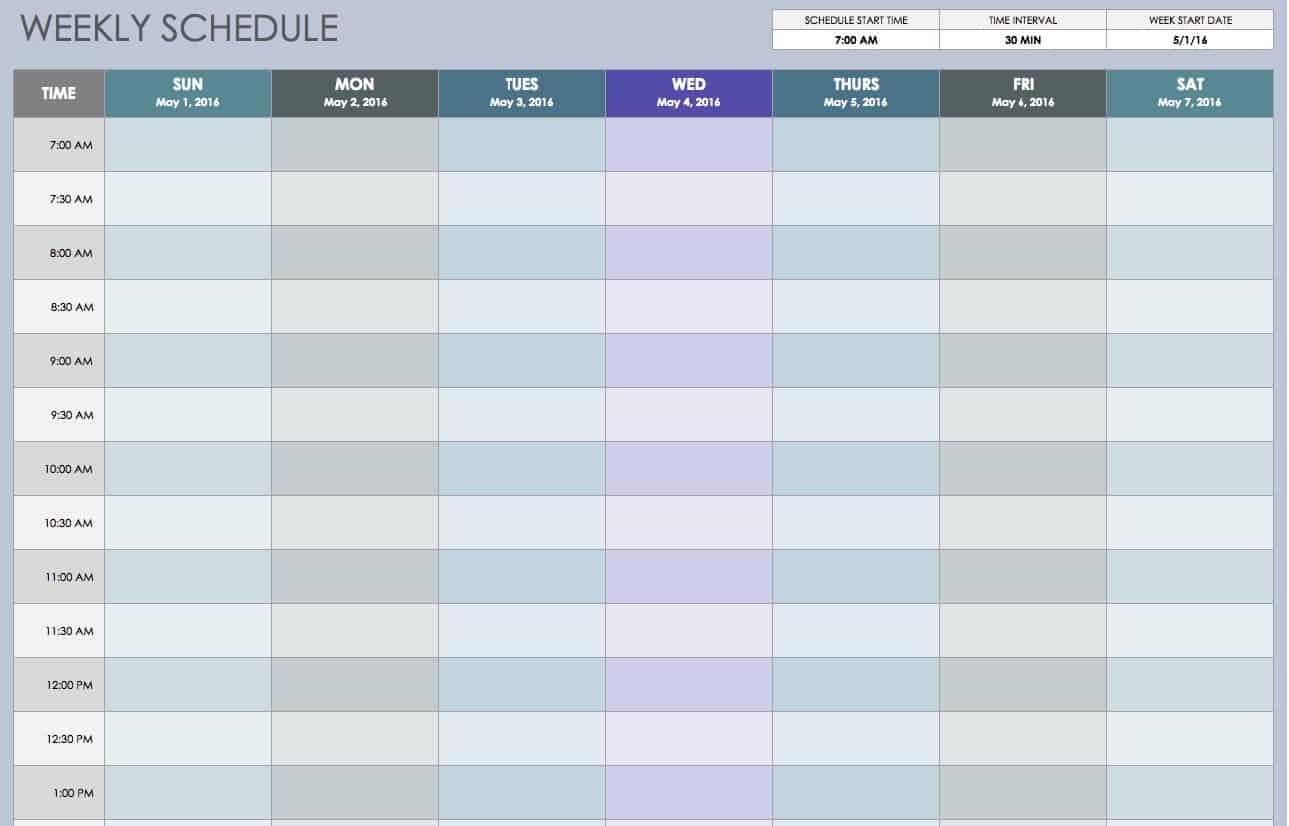 Free Weekly Schedule Templates For Excel - Smartsheet Incredible 30 Minute Increment Schedule Template Excel