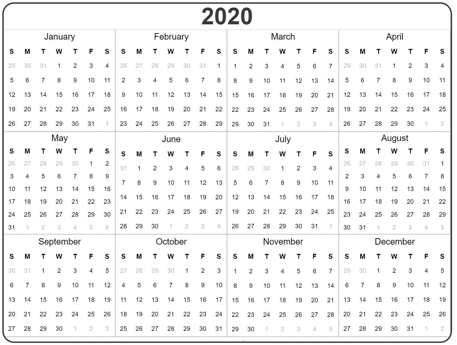 Free Yearly Calendar 2020 With Notes - 2019 Calendars For Impressive Free 2020 Calendar At A Glance