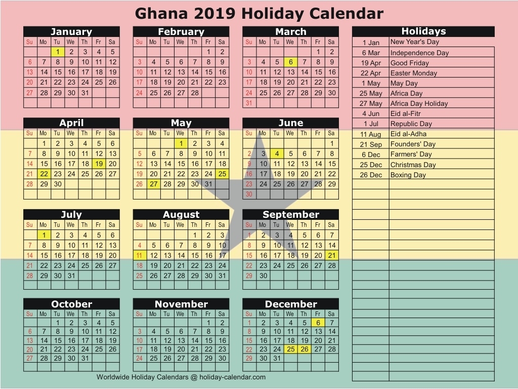 Ghana 2019 / 2020 Holiday Calendar Ghanaian Calendar With Holidays 2020