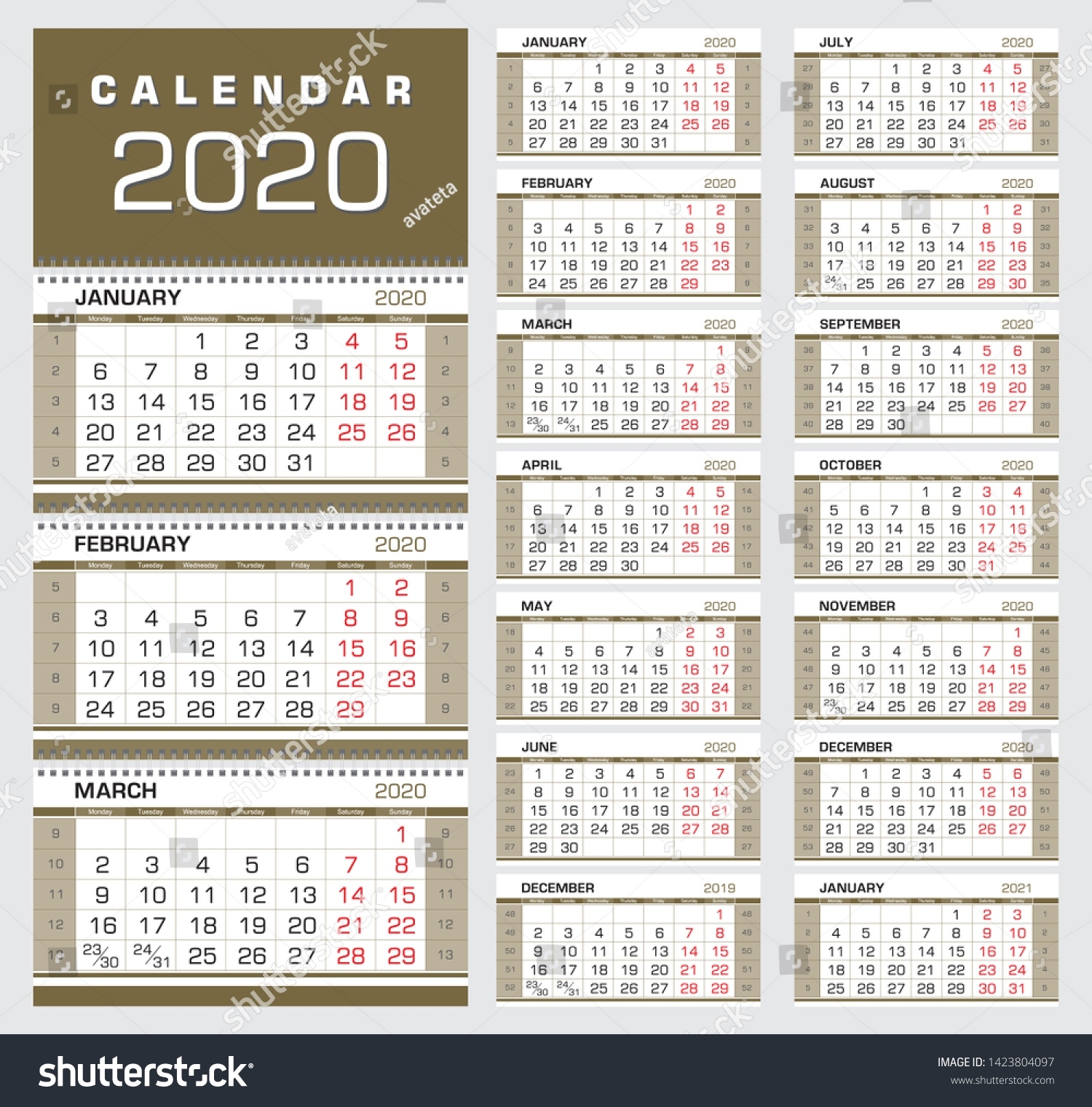 Gold Wall Quarter Calendar 2020 Week Stock Vector (Royalty 2020 Calendar Week 39