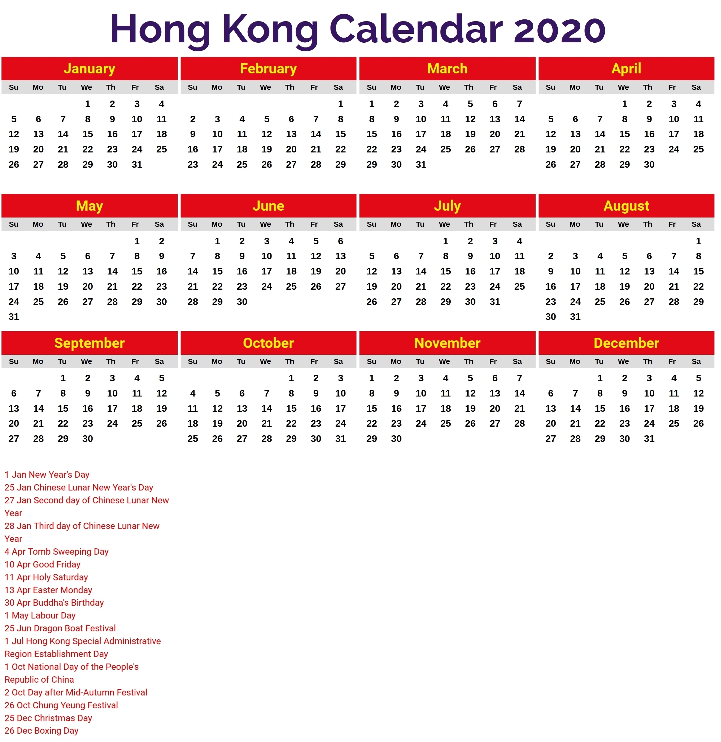 Hong Kong Calendar 2020 | Free Printable Calendar-Hong Kong 2020 Calendar Hong Kong Template