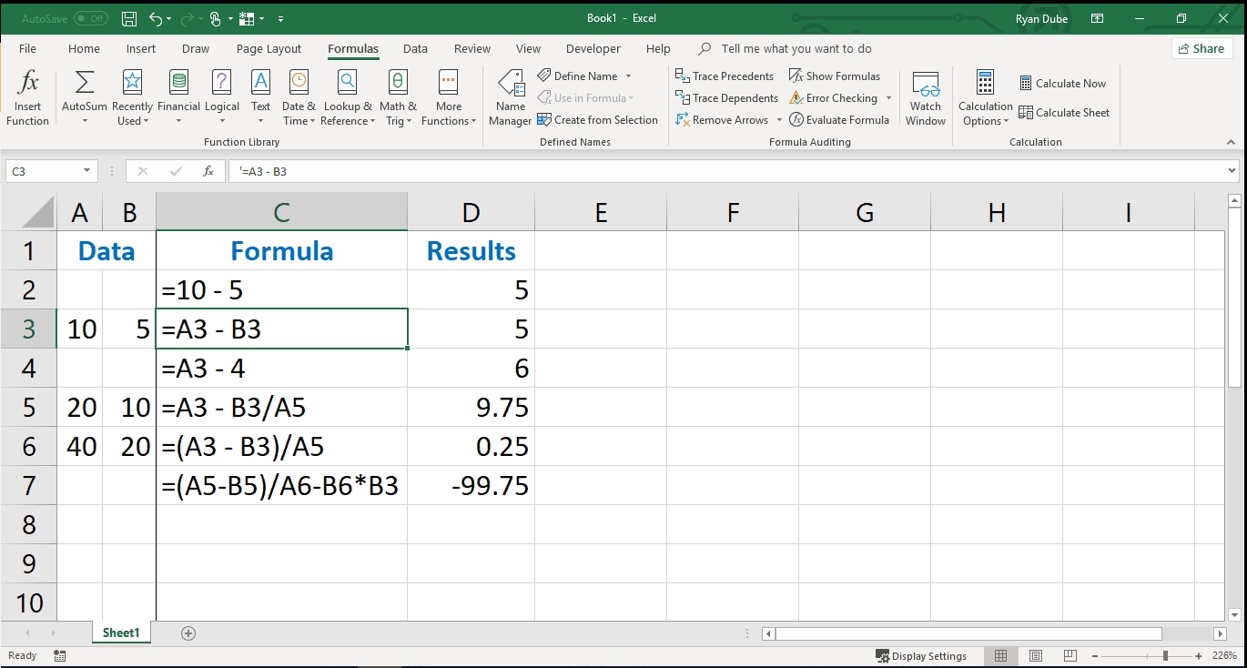 what is the excel formula for subtraction