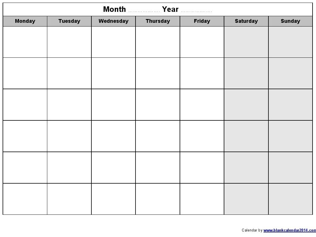 Remarkable Blank Monday To Friday Calendar Template Printable Blank