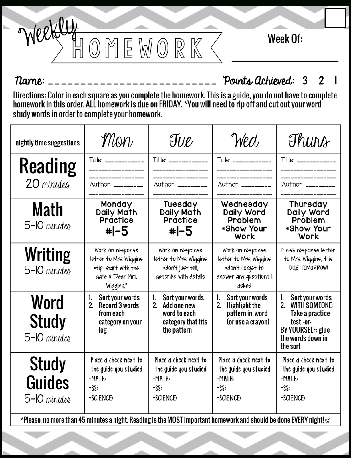 Introducing Yourself To Your Students - Having Class Weekly Homework 3Rd Grade Calendar