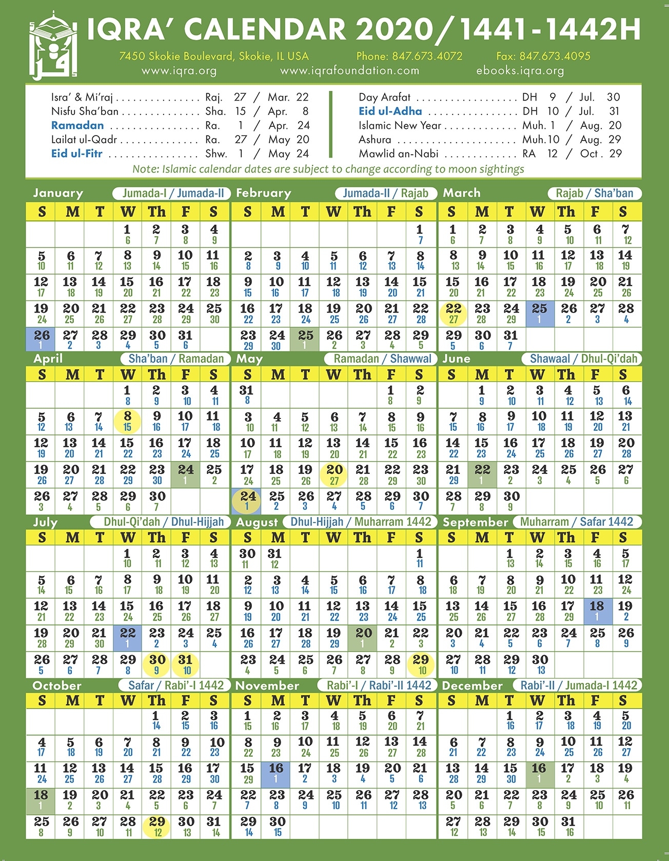 Iqra&#039; Calendar 2020 / 1441-1442H Islamic Dates 2020 Calendar With Islamic Dates