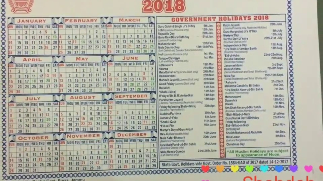 Jammu And Kashmir Government Calendar 2018(Download Link Jk Bank Holidays Calendar 2020