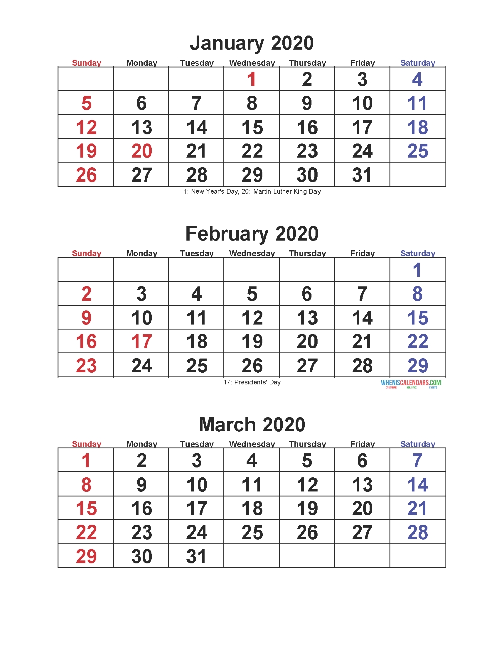 Jan Feb Mar 2020 Calendar 3 Months Per Page | Free Printable Printable 2020 Calendar 3 Months Per Page