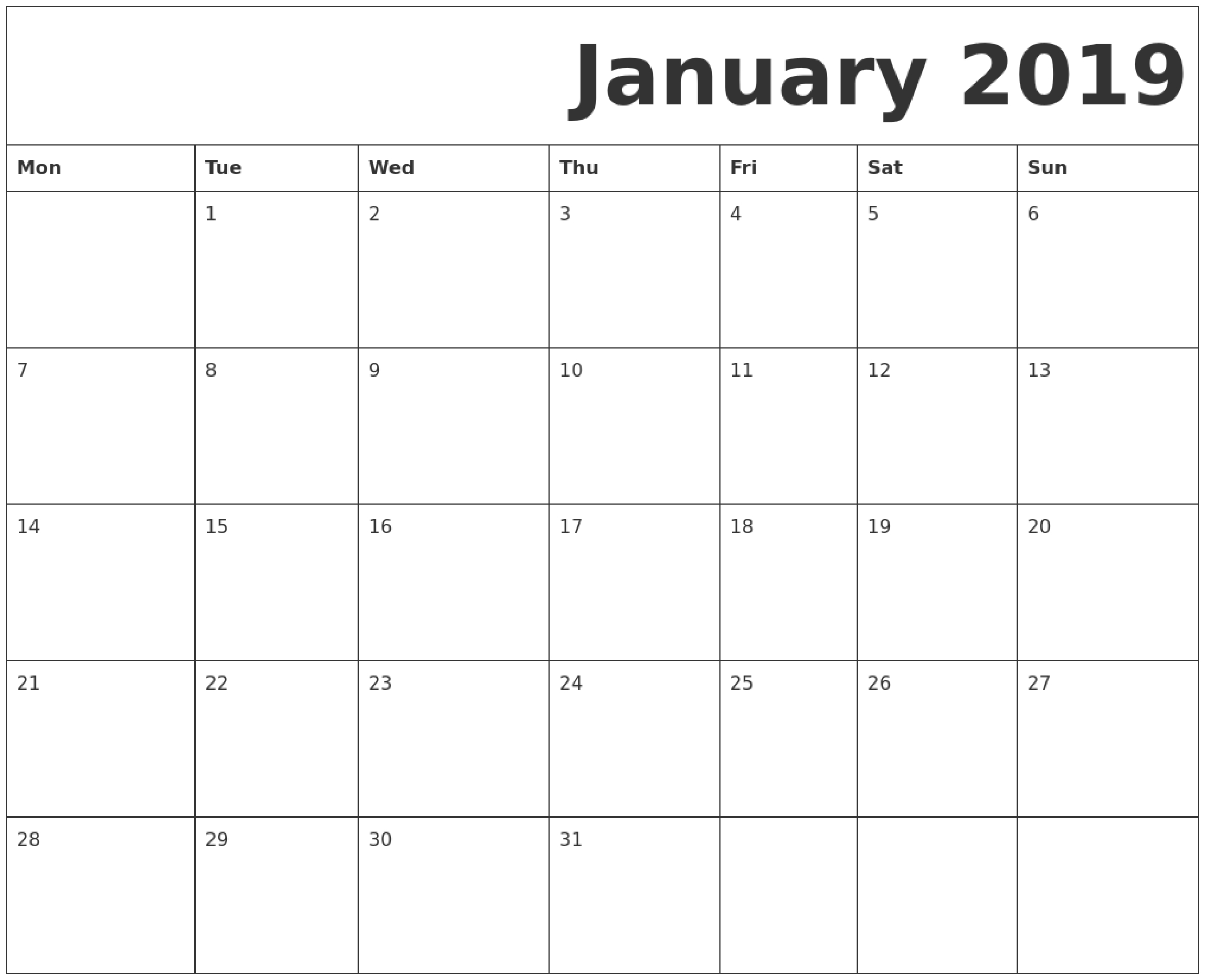January 2019 Printable Calendar Monday Start. | June Blank Calendar Template Printable Starting With Monday
