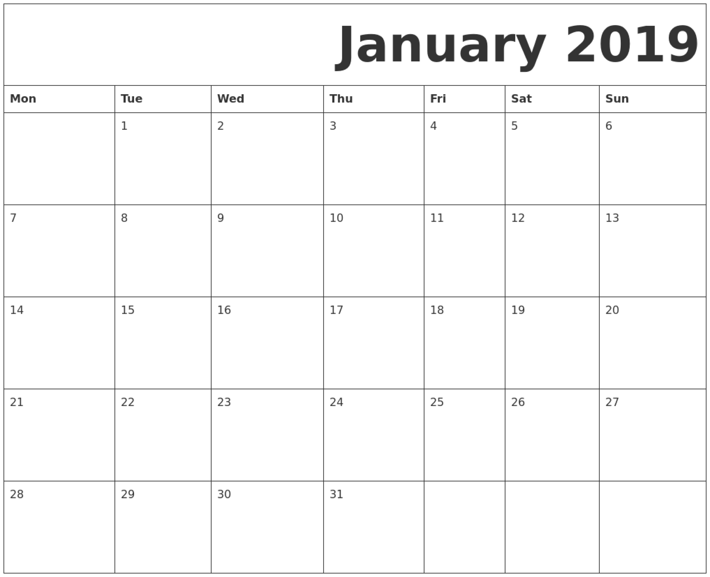 January 2019 Printable Calendar Monday Start. | June Perky Calender To Print With Monday Start Date