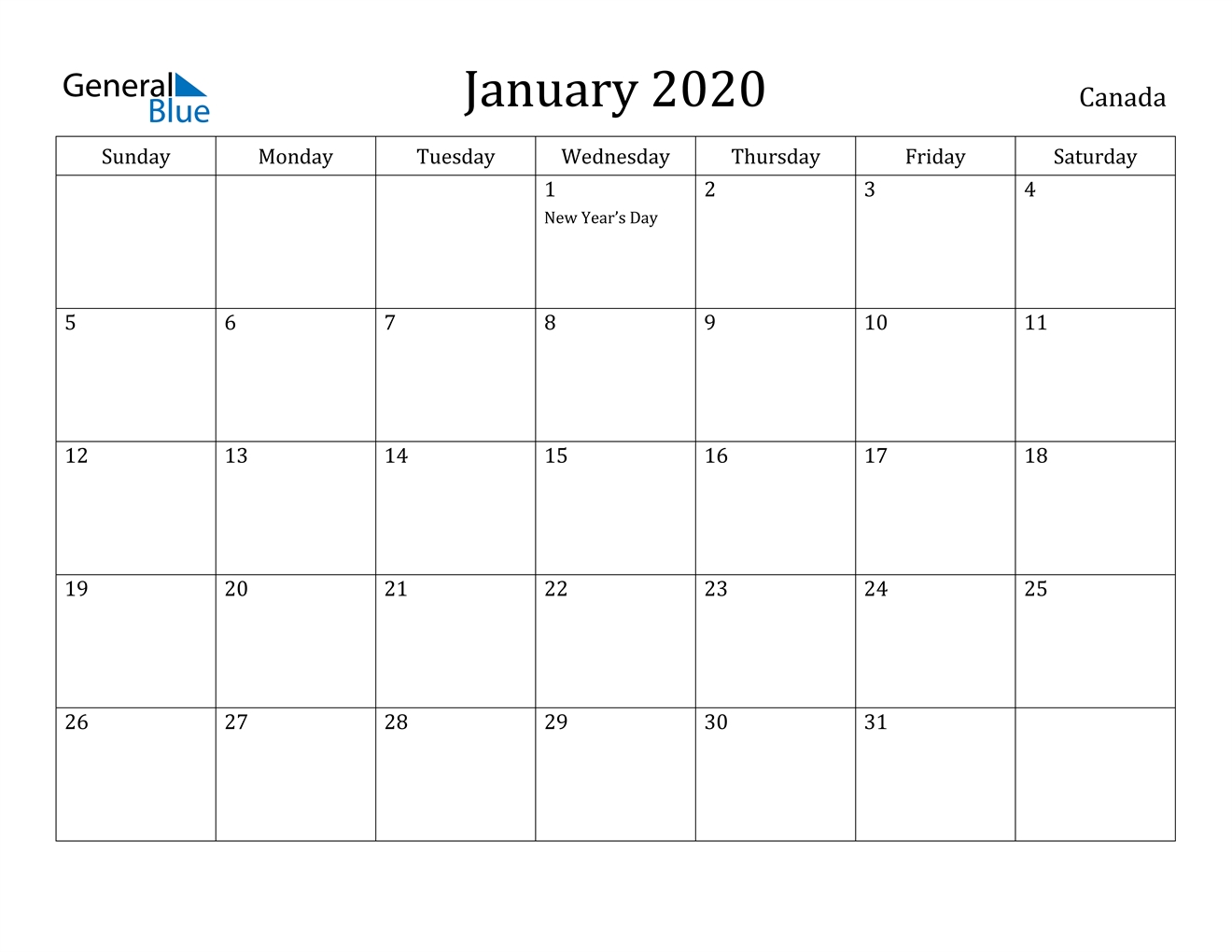 January 2020 Calendar - Canada Canada January 2020 Printable Calendar