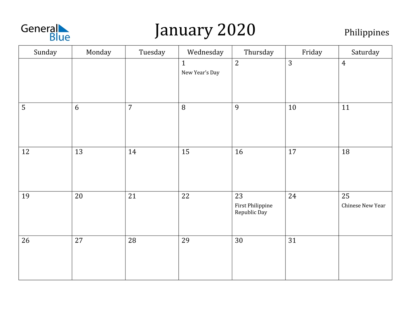 January 2020 Calendar - Philippines Incredible 2020 Calendar Philippines Printable