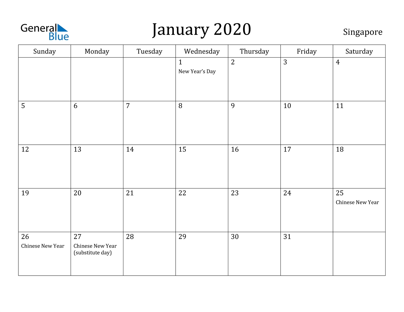January 2020 Calendar - Singapore Singapore 2020 Calendar With Holidays