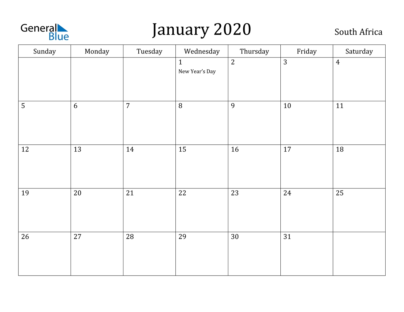 January 2020 Calendar - South Africa Extraordinary Year 2020 Calender - South Africa