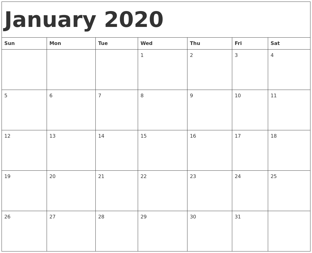 January 2020 Calendar Template Monday To Sunday Calendar To Fiull In