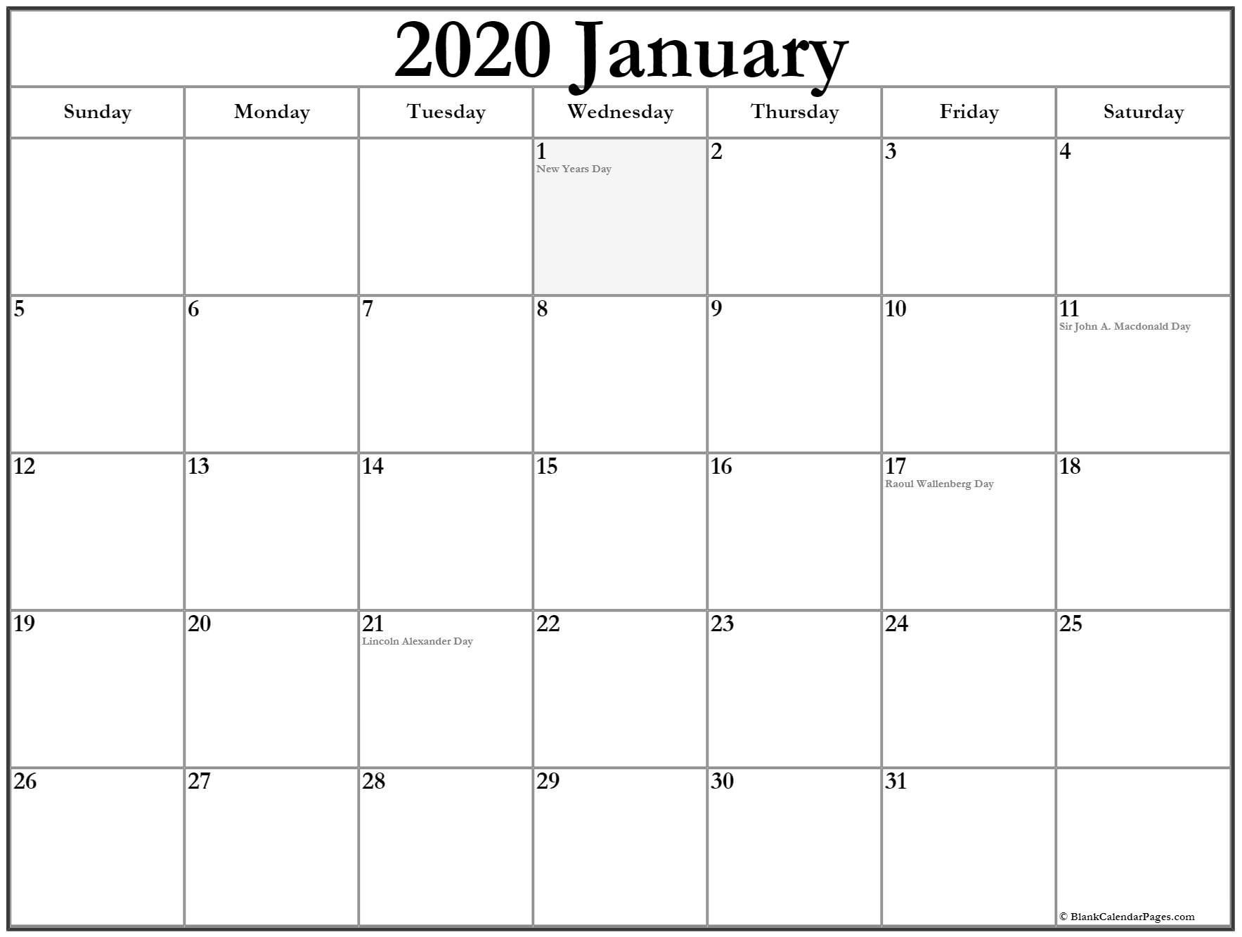 January 2020 Calendar With Holidays | Canadian Calendar Canada January 2020 Printable Calendar