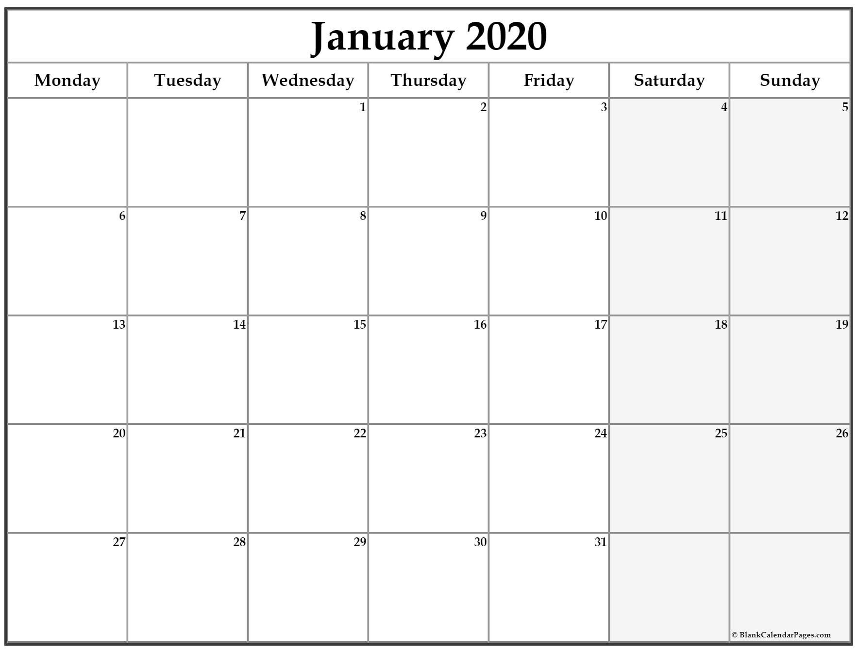 January 2020 Monday Calendar | Monday To Sunday 2020 Calendar Blank Starting Monday