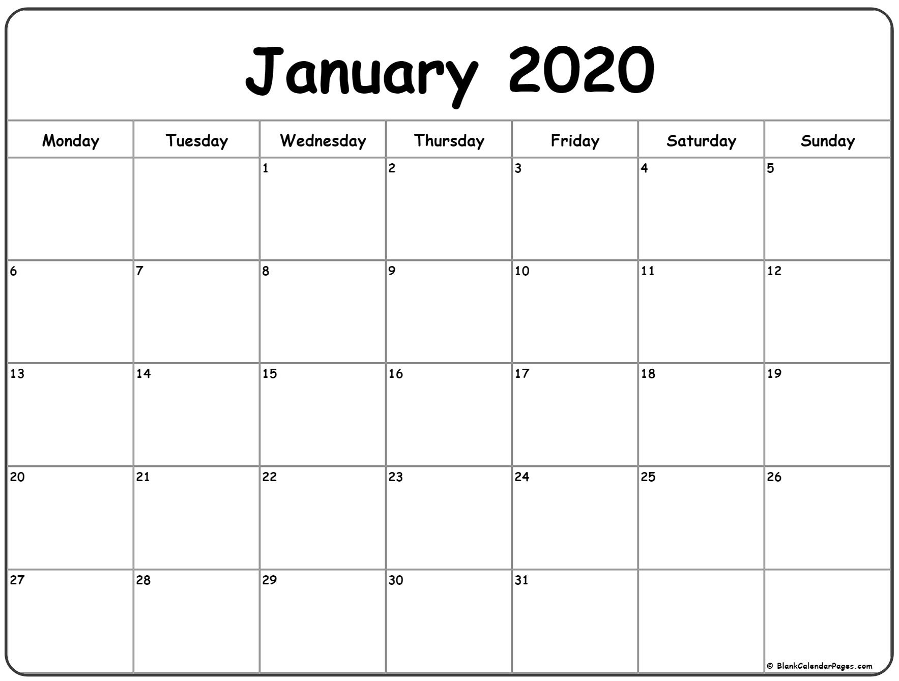 January 2020 Monday Calendar | Monday To Sunday Blank Calendar Template Monday Start