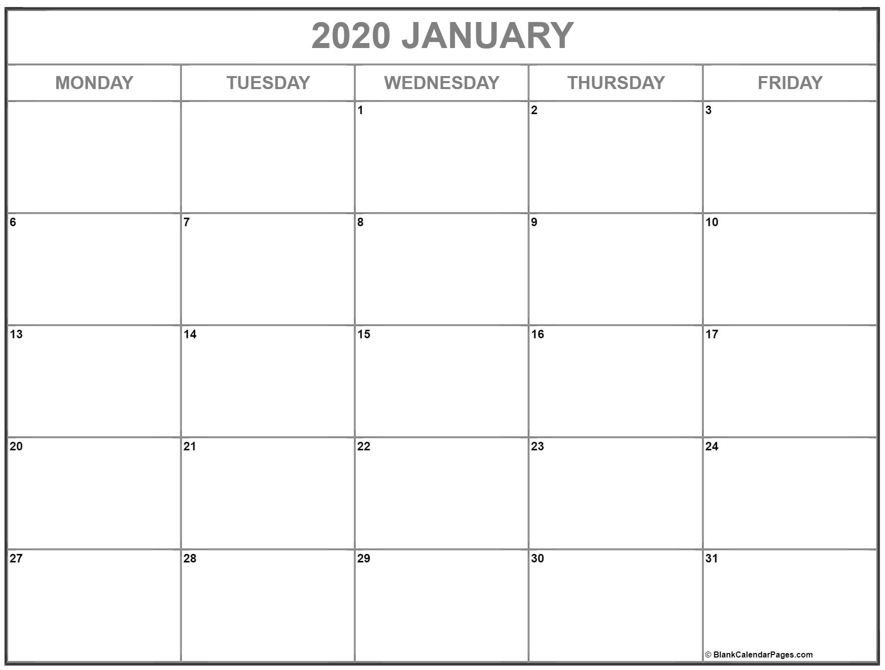 January 2020 Monday Calendar | Monday To Sunday Blank Monday To Friday Calendar Template
