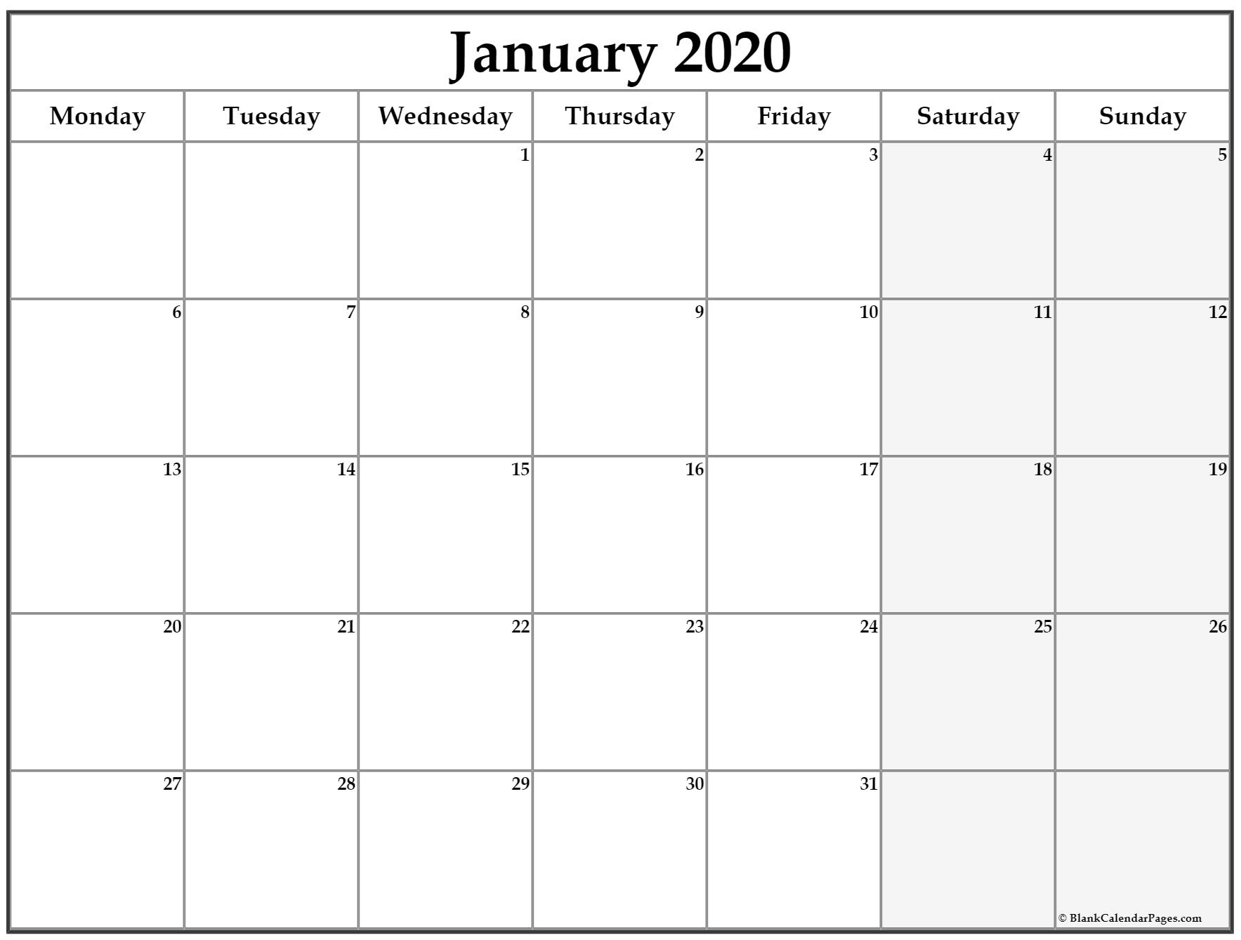 January 2020 Monday Calendar | Monday To Sunday Calender To Print With Monday Start Date