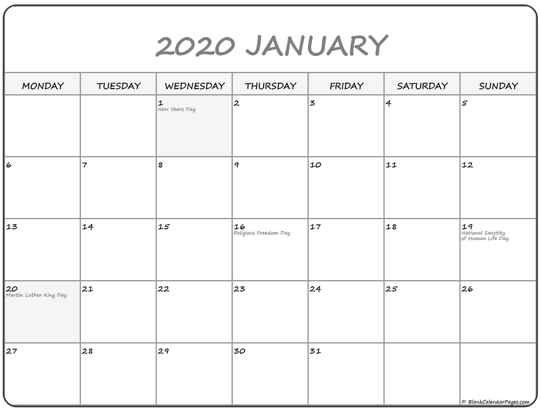 January 2020 Monday Calendar | Monday To Sunday Dashing 2020 Calendar Blank Starting Monday