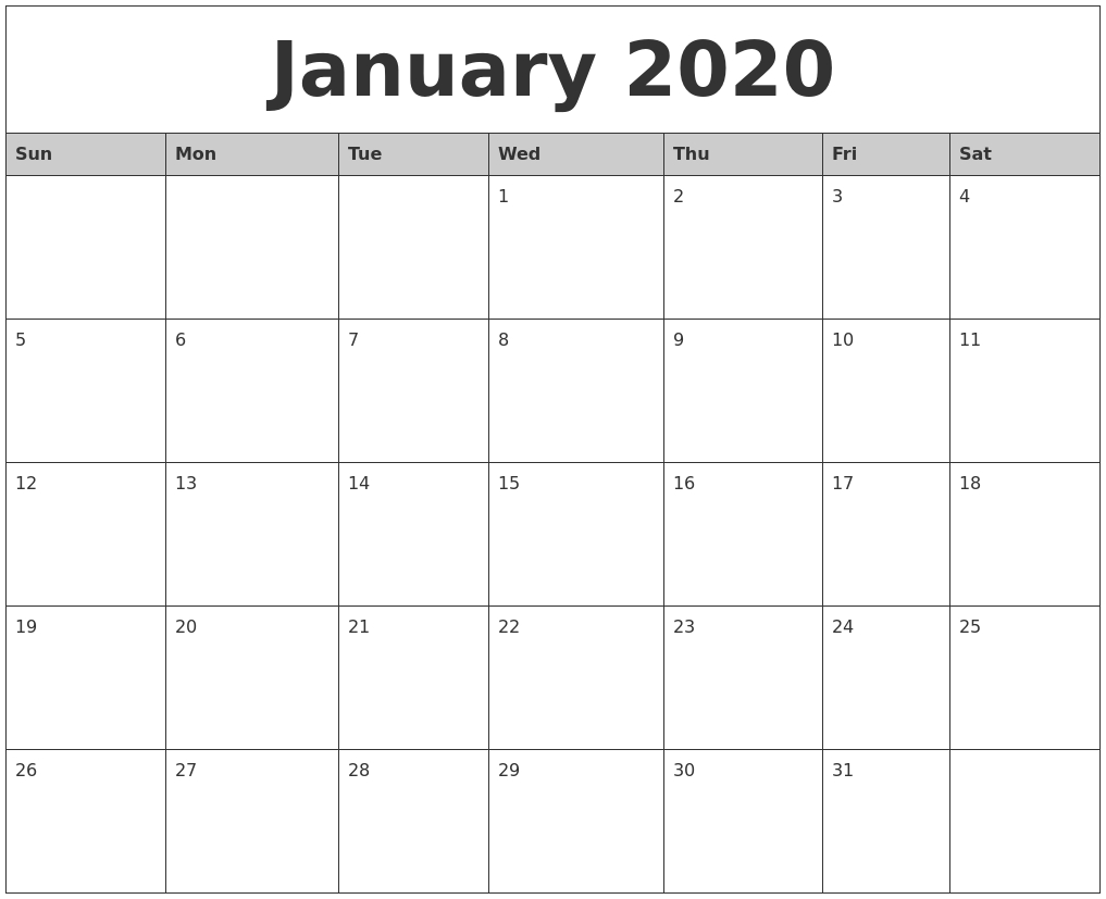 January 2020 Monthly Calendar Printable Printable Calendar 2020 Monthly Starting Monday