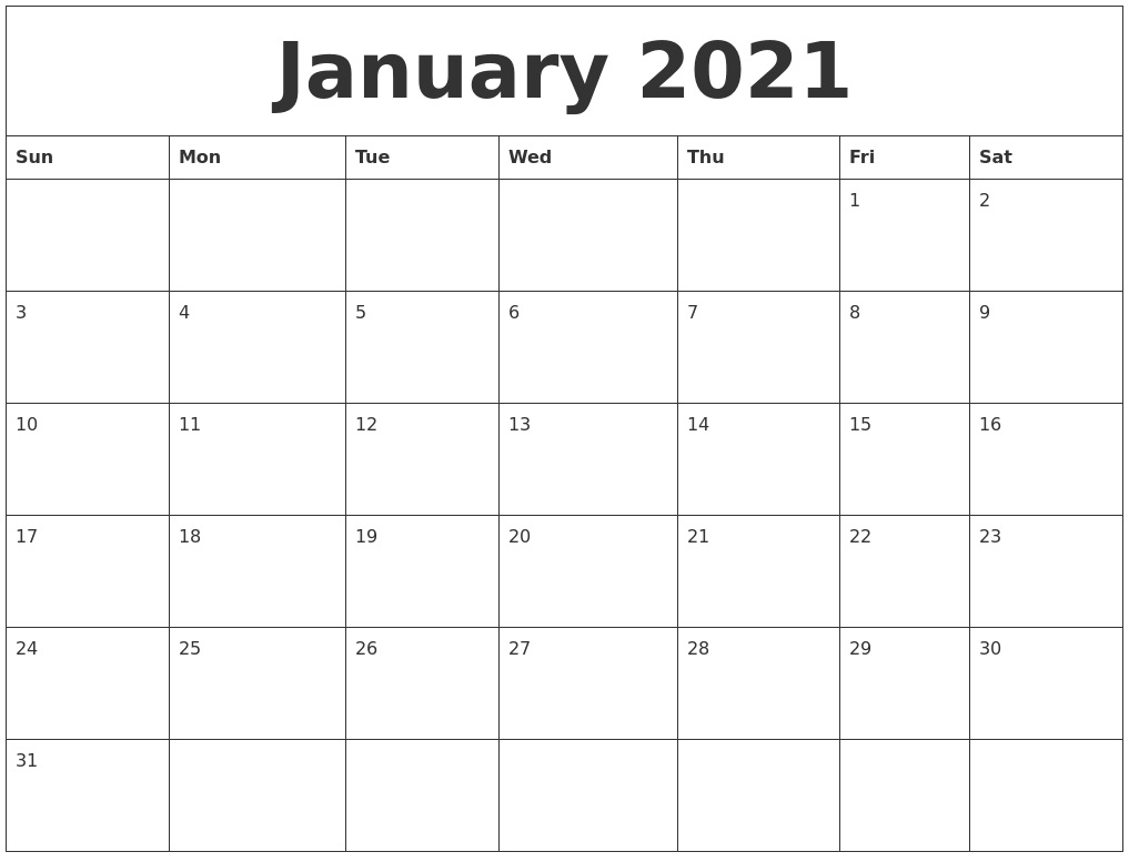 January 2021 Blank Monthly Calendar Template Saclendar To Print Monthly Starting Moneday