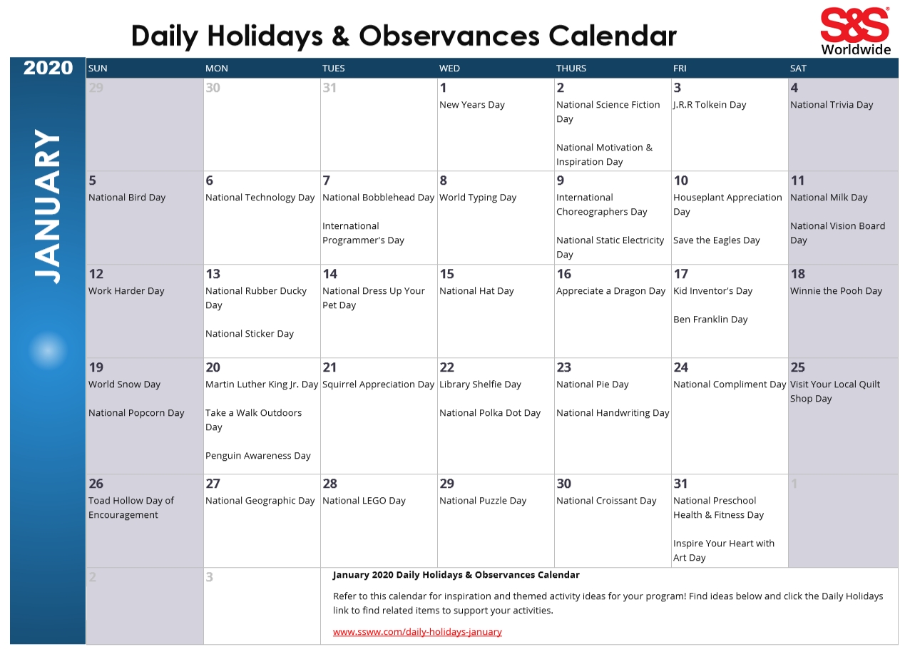 January Daily Holidays &amp; Observances Printable Calendar Extraordinary 2020 Calendar With Holidays And Observances