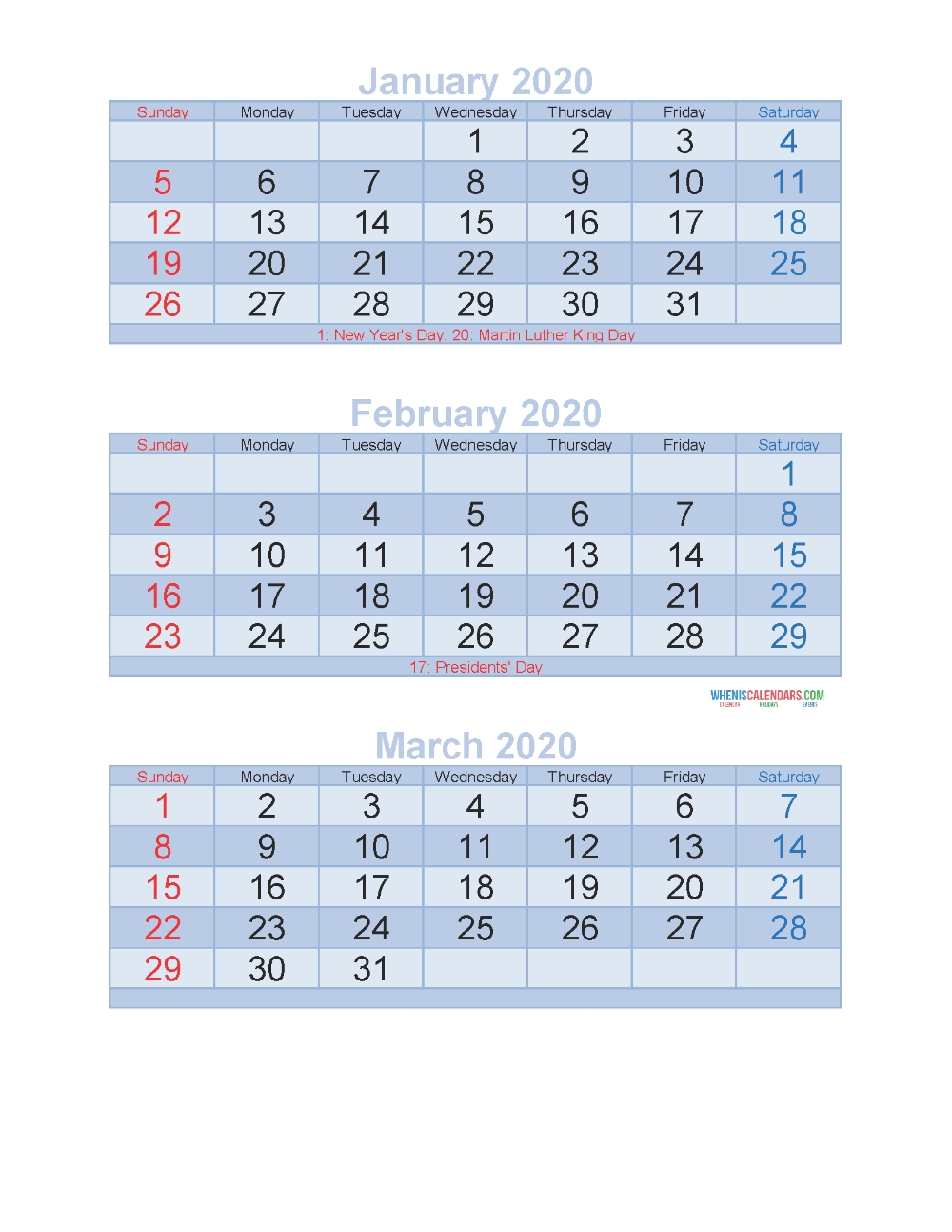 January February March 2020 Calendar 3 Months Per Page Calendar 2020 Printable Free Three Months Per Page