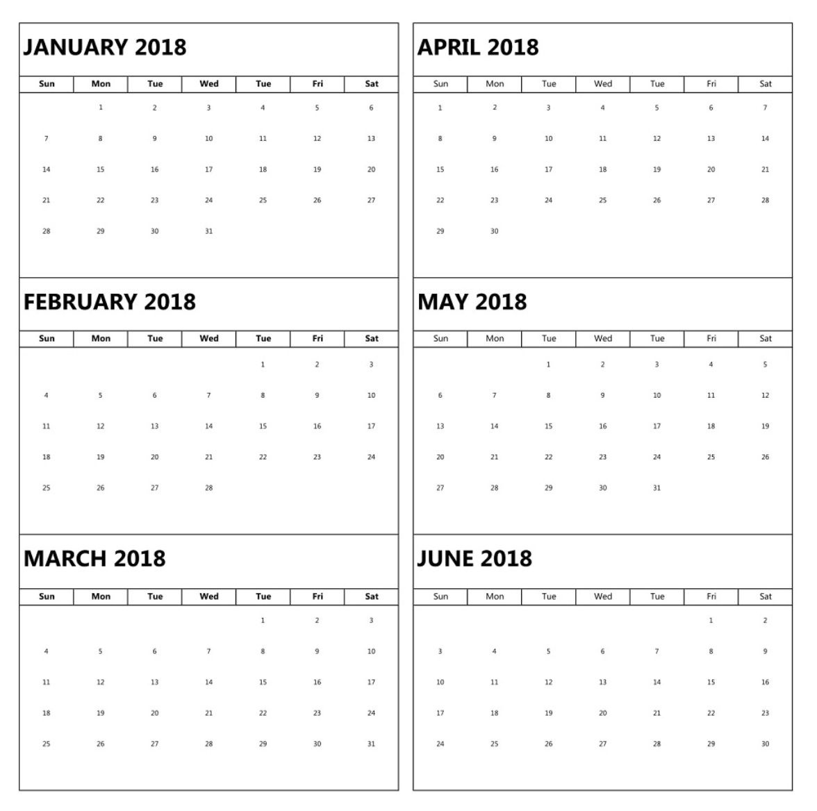 January To June 6 Months Calendar 2018 | Excel Calendar 6 Month At A Glance Calendar