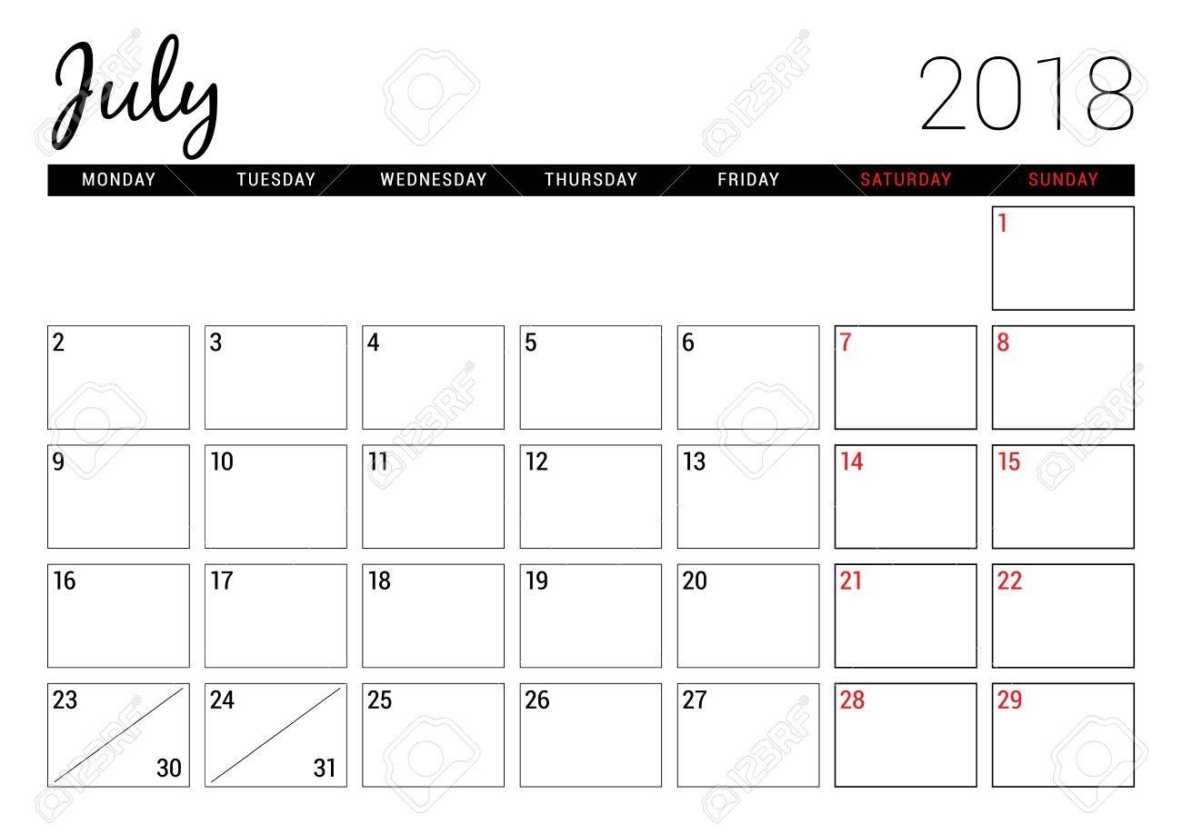 July 2018. Printable Calendar Planner Design Template. Week Starts.. Exceptional Printable Calendar Week Starts On Monday