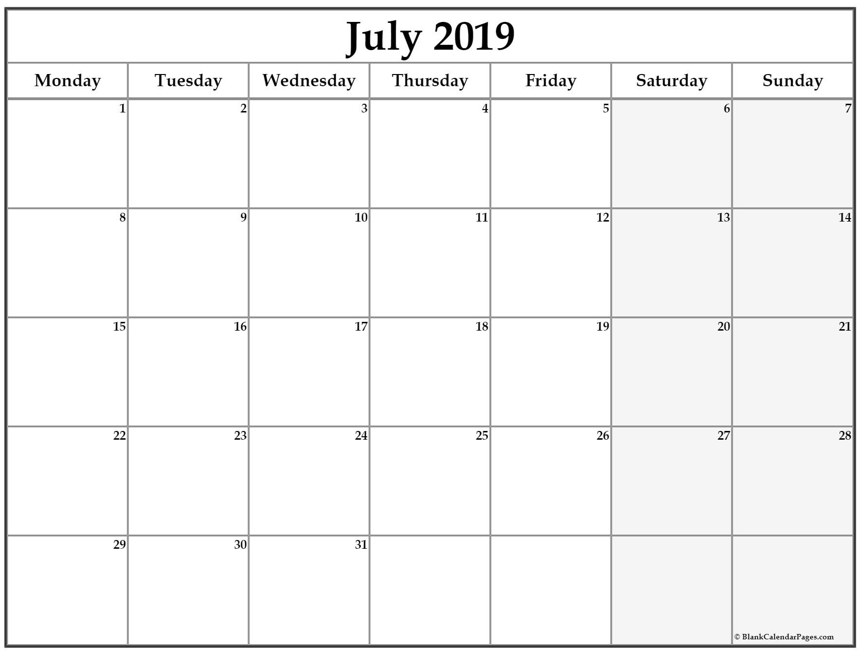 July 2019 Monday Calendar | Monday To Sunday Perky Blank Calendar With Monday Start
