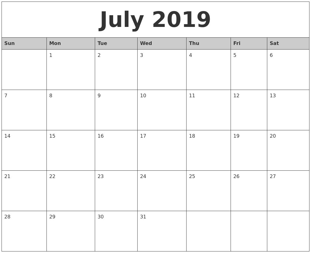 July 2019 Monthly Calendar Printable Saclendar To Print Monthly Starting Moneday