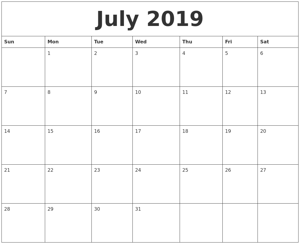 July 2019 Monthly Printable Calendar Monday To Friday Monthly Printable Calendars