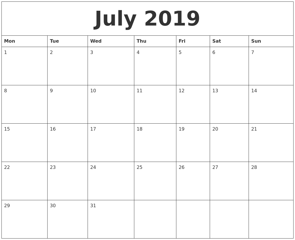 July 2019 Word Calendar Monday Through Friday Word Calendar