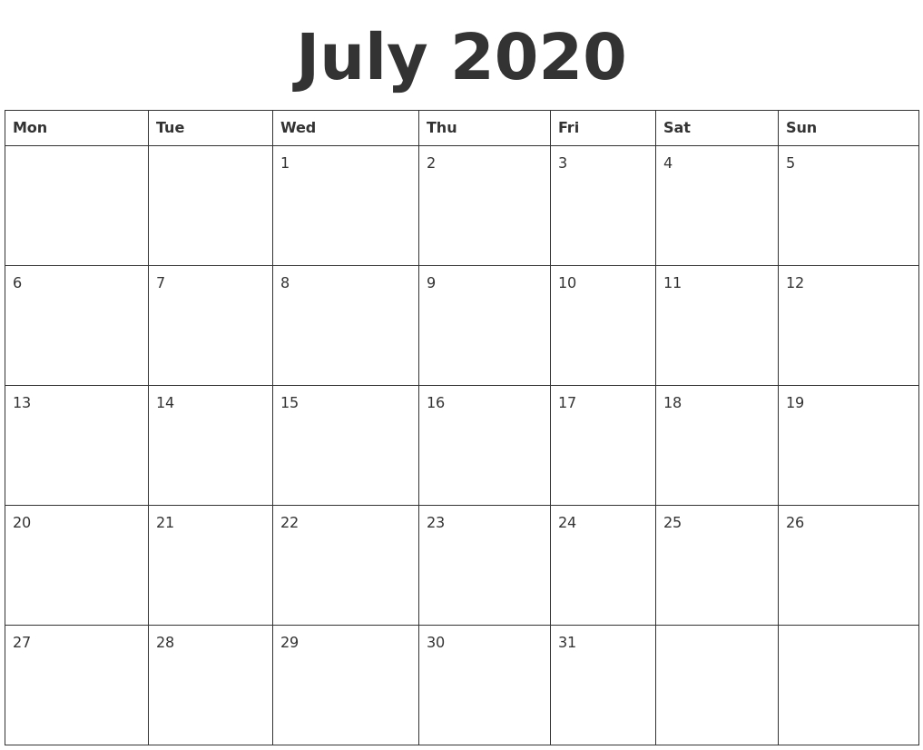 July 2020 Blank Calendar Template Empty Calendar Template Monday Start