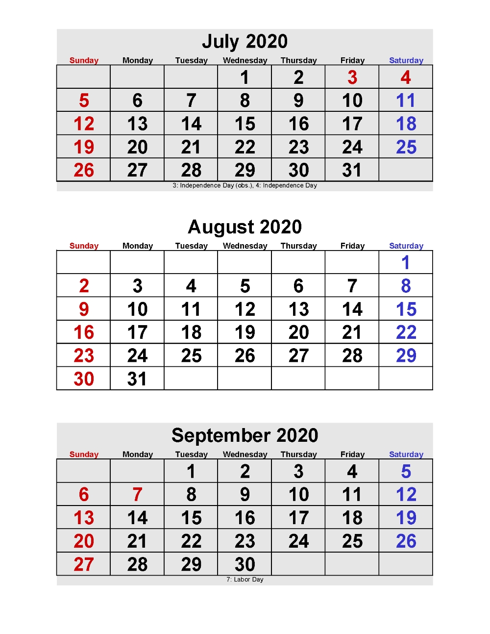 July August September 2020 Calendar 3 Months Per Page Perky 2020 Calendar 4 Months Per Page Printable