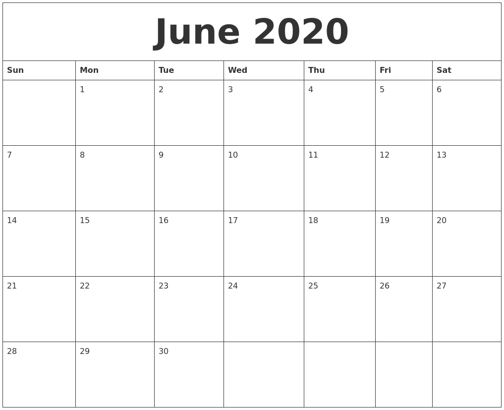 June 2020 Calendar Blank Dashing 2020 Calendar Blank Starting Monday