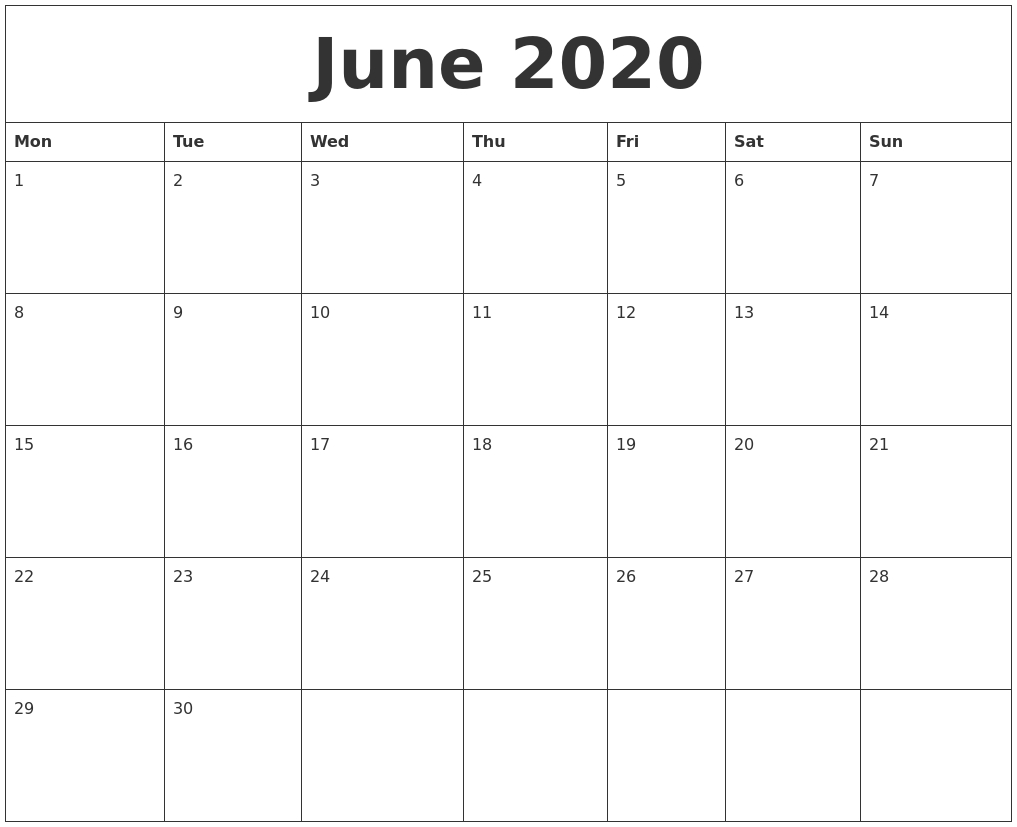 June 2020 Calendar Perky Blank Calendar With Monday Start