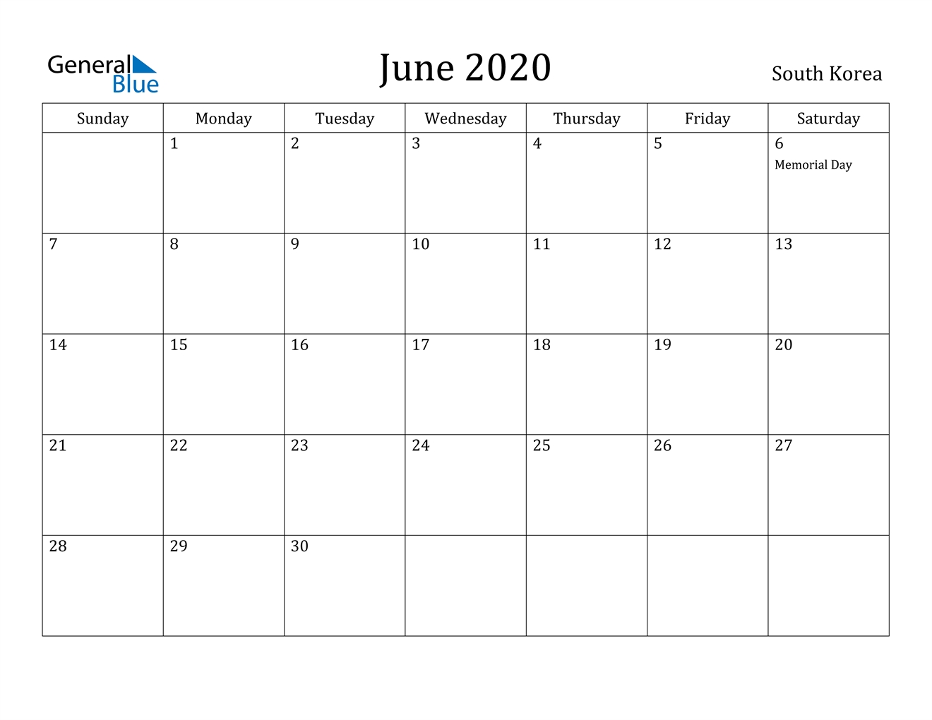 June 2020 Calendar - South Korea June 2020 Calendar With Holidays