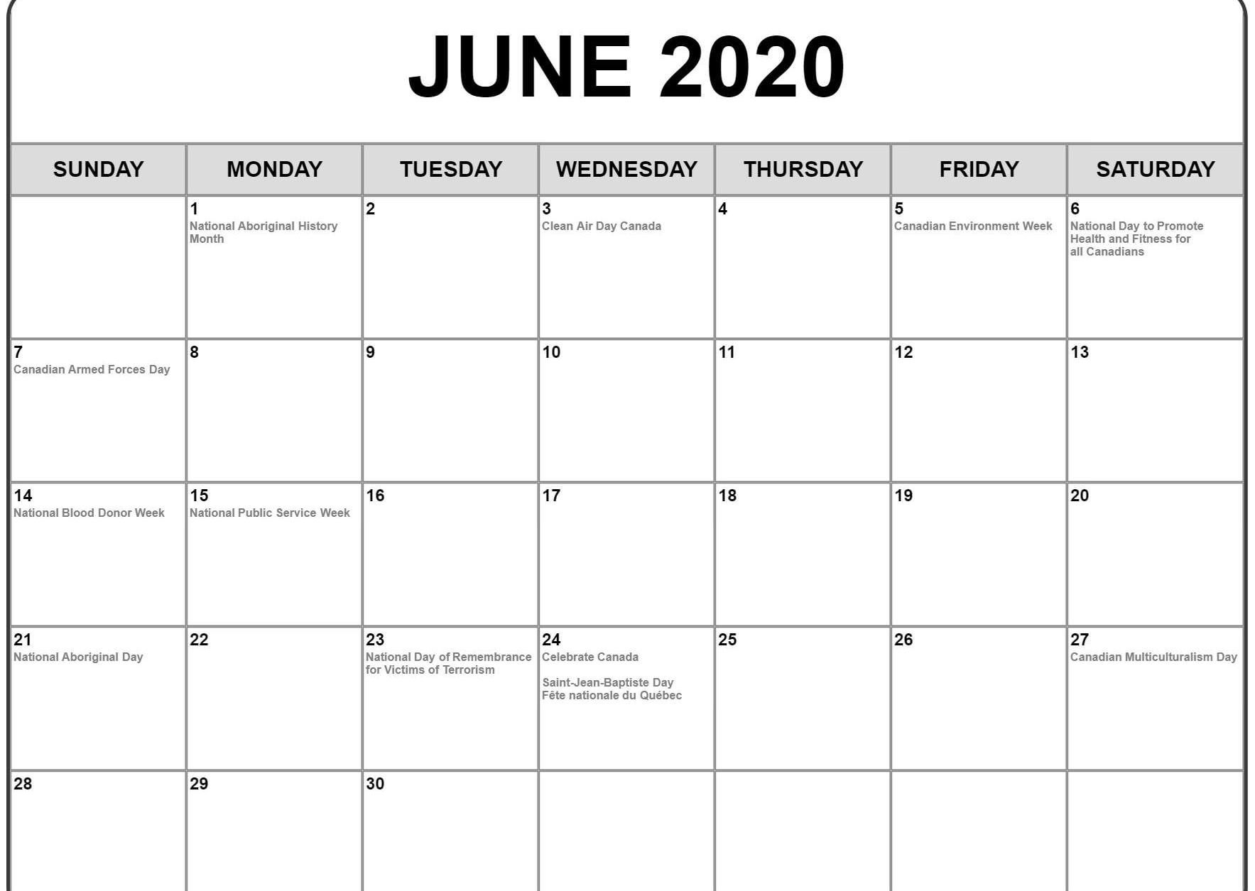 June 2020 Calendar With Holidays | Monthly Calendar Template June 2020 Calendar Canada