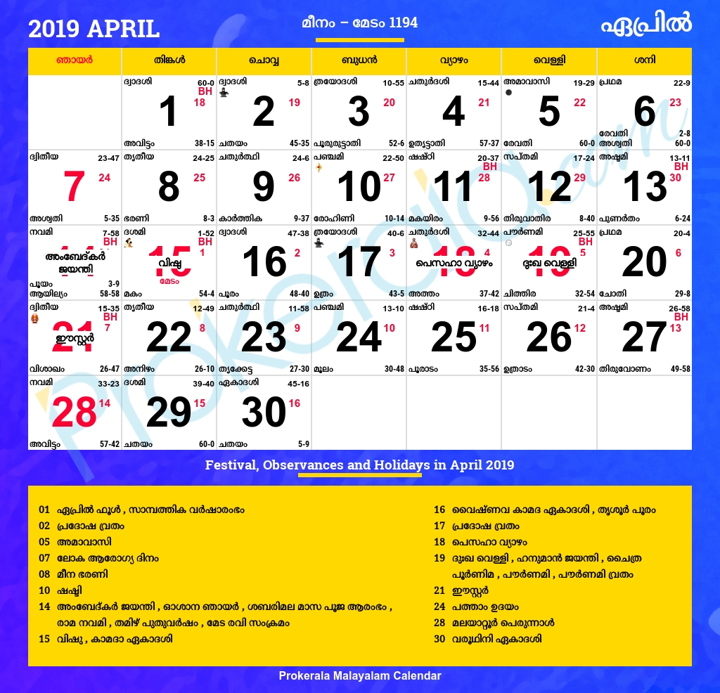 Malayalam Calendar 2019, April Sabarimala Calendar 2019 To 2020