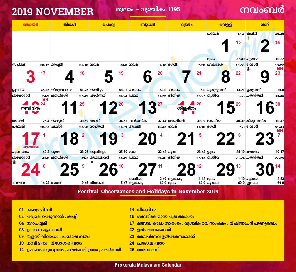 Malayalam Calendar 2019, November Perky Malayalam Calendar 2020 November
