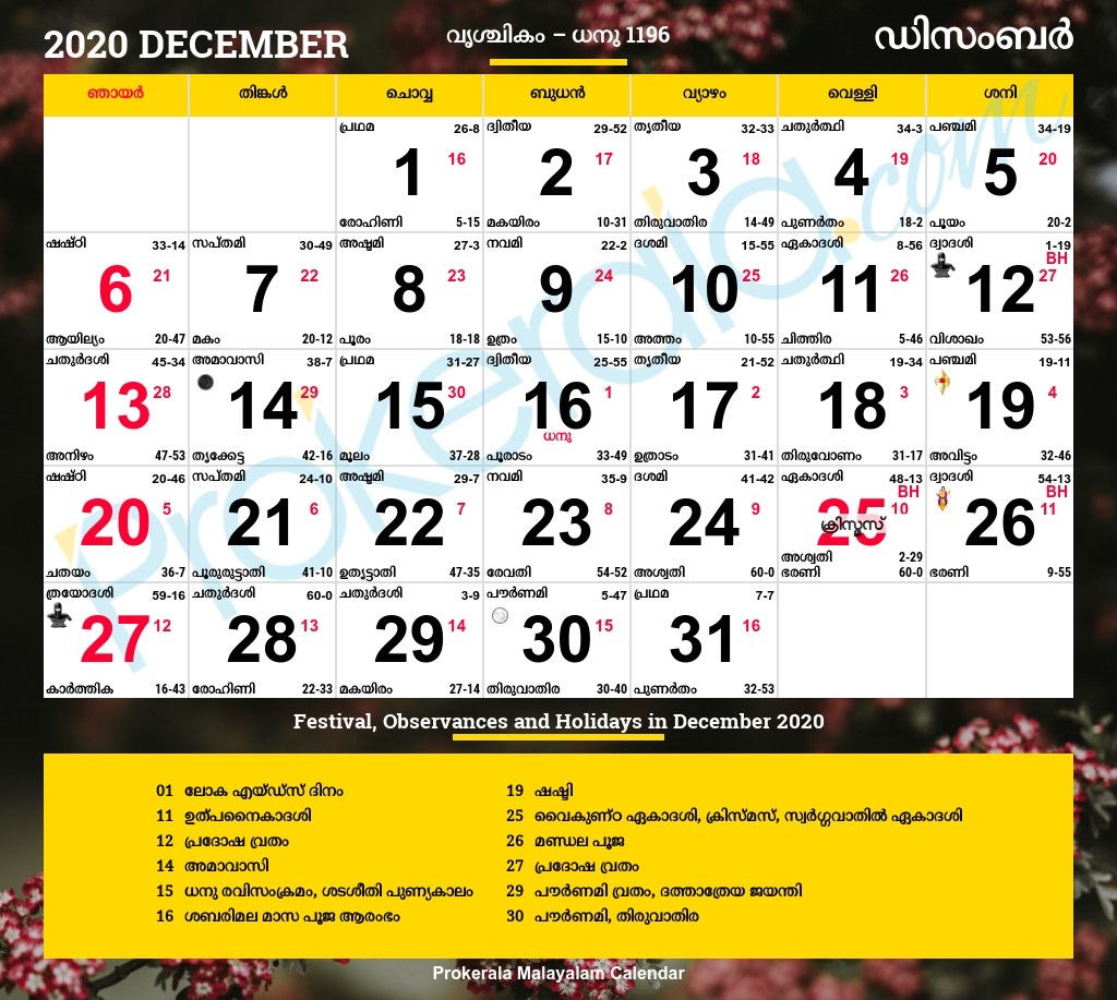 Malayalam Calendar 2020, December Malayalam Calendar 2020 November