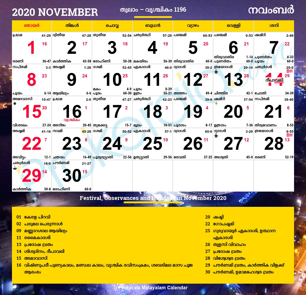 Malayalam Calendar 2020, November Exceptional Tamil Calendar 2020 November