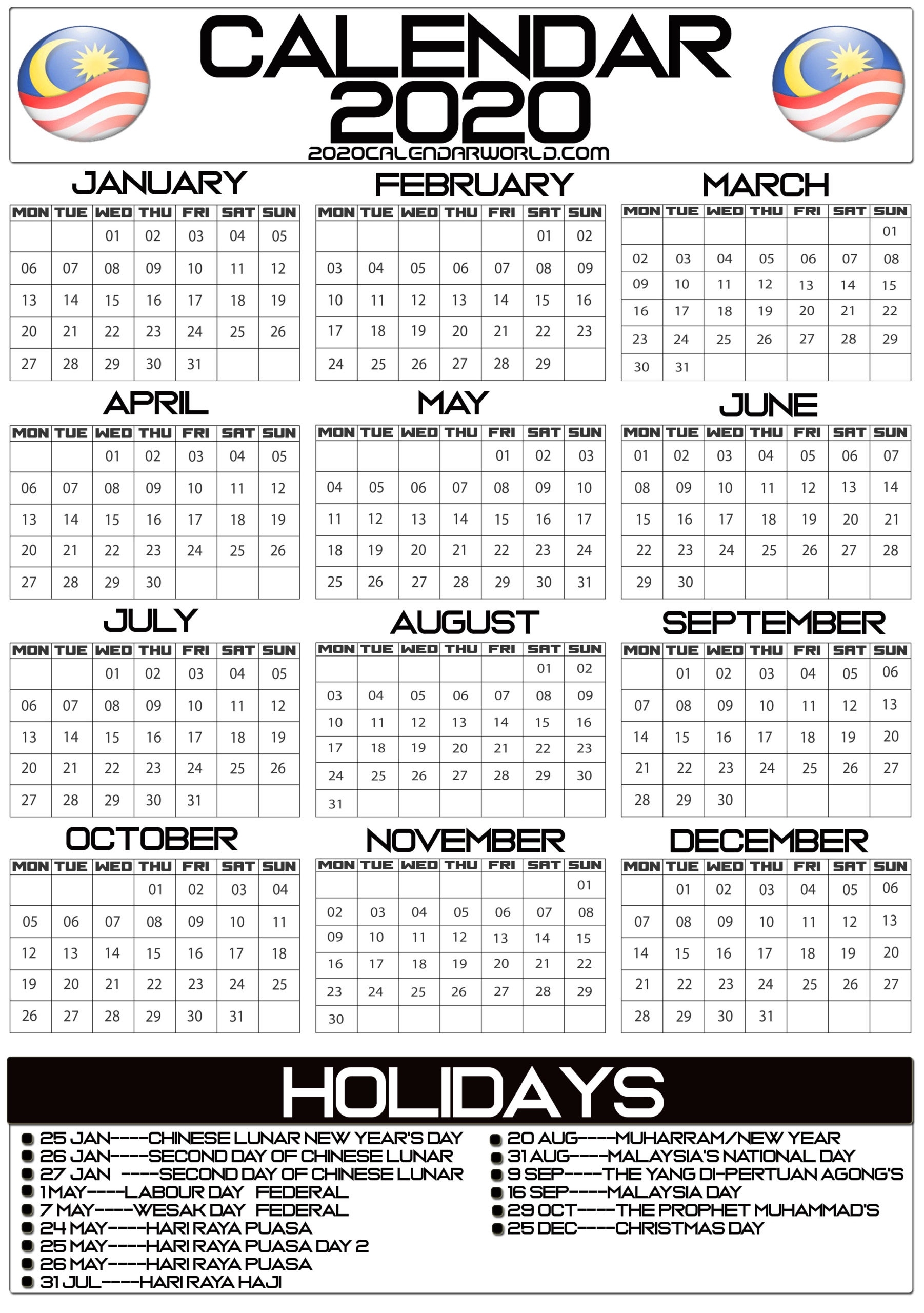 Malaysia 2020 Calendar With Holiday Printable Template Pdf 2020 Calendar Printable With Holidays Malaysia