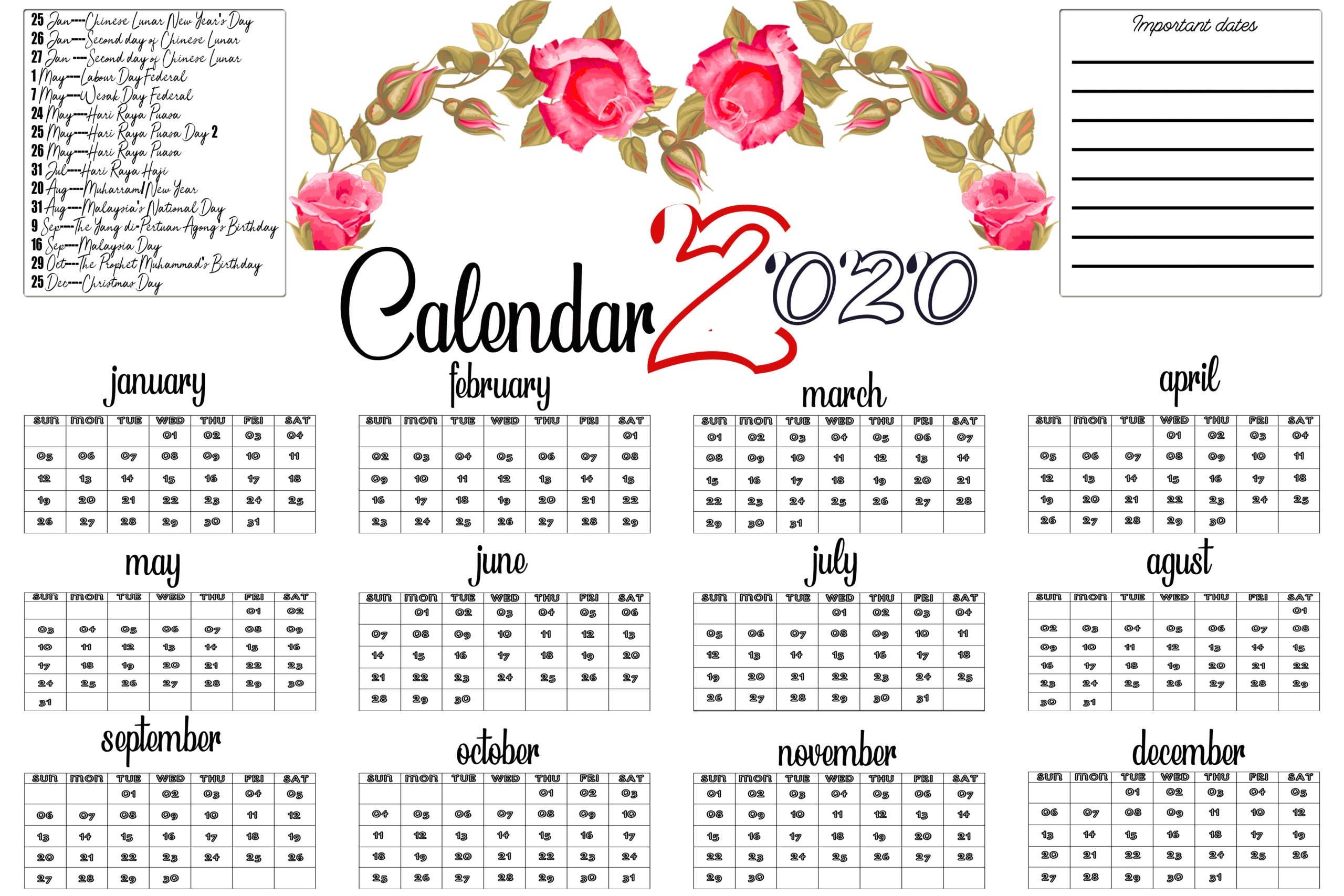 Malaysia 2020 Calendar With Holiday Printable Template Pdf 2020 Calendar Printable With Holidays Malaysia